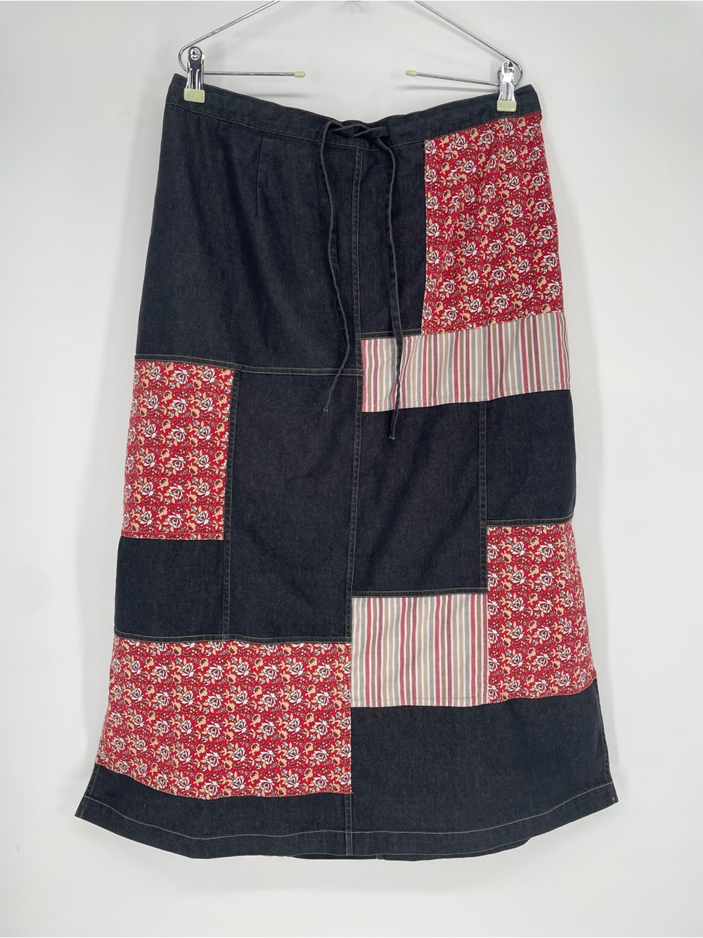 80s 90s Koos Of Course! Patchwork Denim Style Midi Skirt Elastic Waist Cotton - Picture 3 of 15